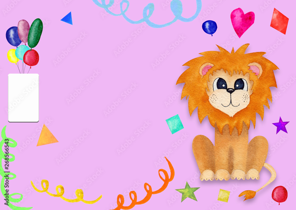 Fototapeta premium Cute greeting card for kids with lion. birthday invitation with place for text with rose background.