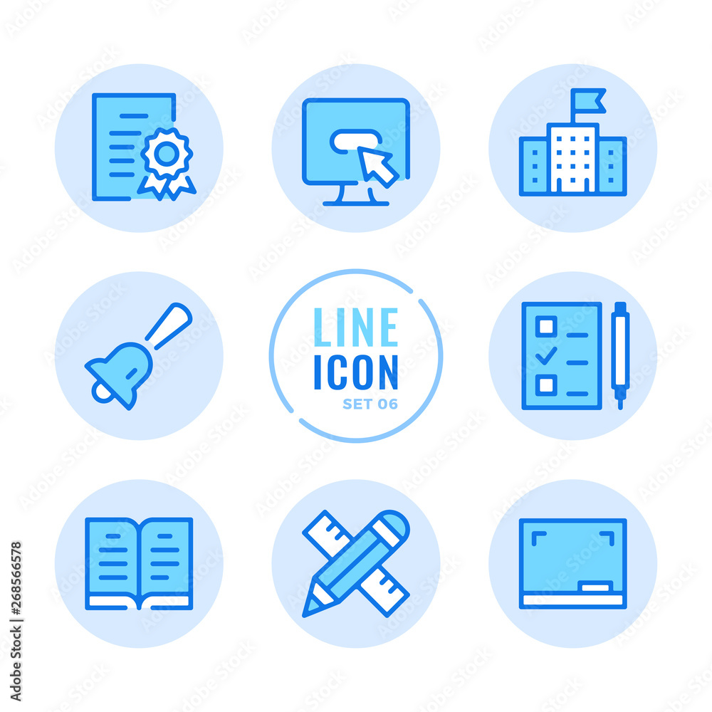 School vector line icons set. Education, diploma, lesson, book, blackboard outline symbols. Modern simple stroke graphic elements. Round icons School vector line icons set. Education, diploma, lesson, book, blackboard outline symbols. Modern simple stroke graphic elements. Round icons