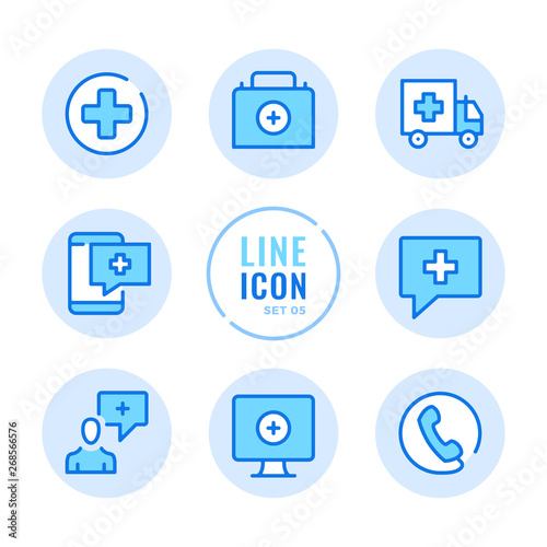 Medical help vector line icons set. Medicine, call an ambulance, medical assistance, first aid kit, emergency outline symbols. Modern simple stroke graphic elements. Round icons