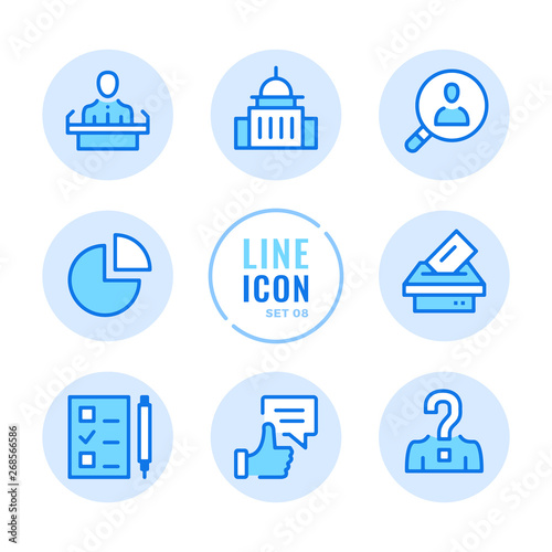 Elections vector line icons set. Voting, ballot box, exit poll, debates, political campaign outline symbols. Modern simple stroke graphic elements. Round icons