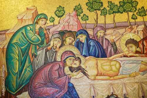 Christ's body being prepared after his death - mosaic in Jerusalem