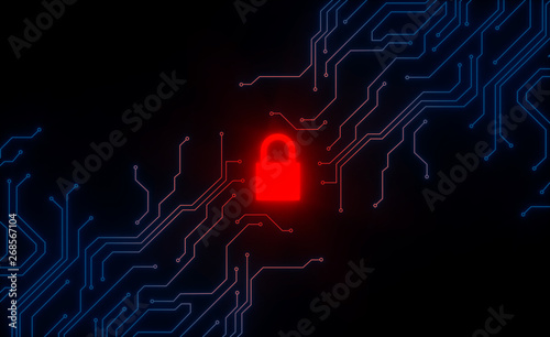 Cyber security concept. IT security.Protect mechanism, system privacy.Closed Padlock with micro scheme.Safety concept. - 3d render