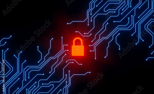 Cyber security concept. IT security.Protect mechanism, system privacy.Closed Padlock with micro scheme.Safety concept. - 3d render