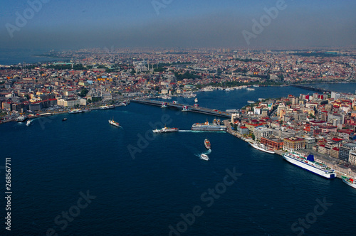 Aerial Urban View Photo of Istanbul Skyline and Cityscape with Goldenhorn, Karakoy, Eminonu distrcits and Galata Bridge, Turkey 