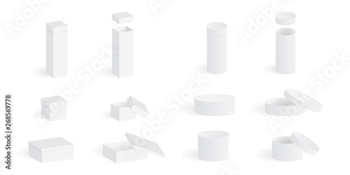Set of empty square/rectangular and round boxes isolated on white background. Isometric cardboard gift boxes collection