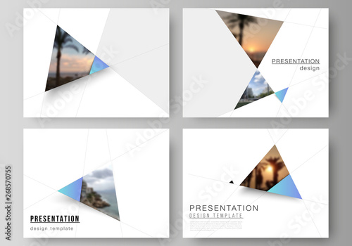 The minimalistic abstract vector layout of the presentation slides design business templates. Creative modern background with blue triangles and triangular shapes. Simple design decoration.