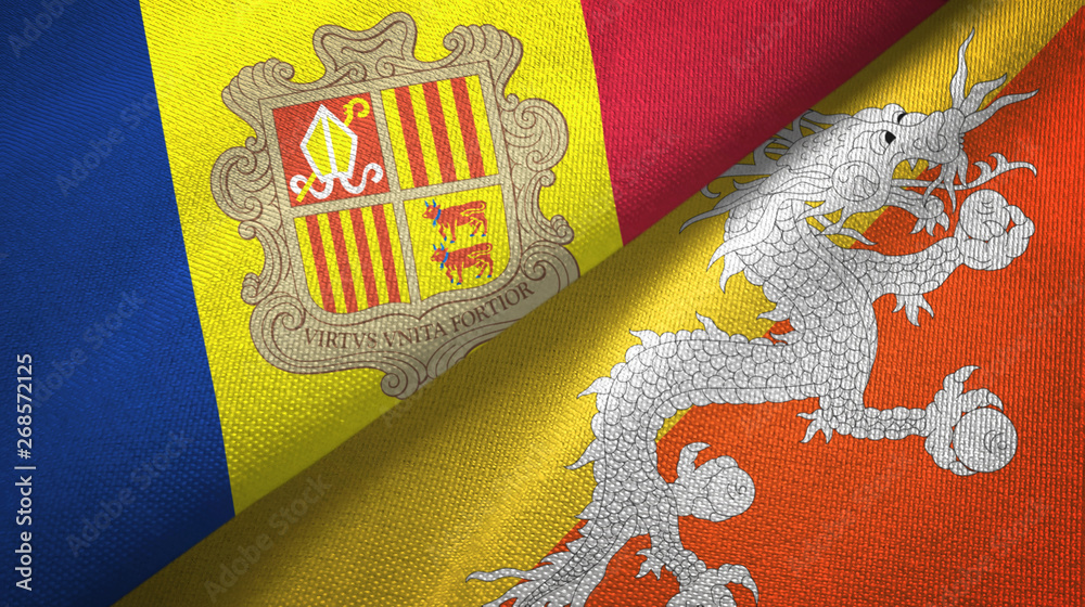 Andorra and Bhutan two flags textile cloth, fabric texture Andorra and Bhutan two flags textile cloth, fabric texture