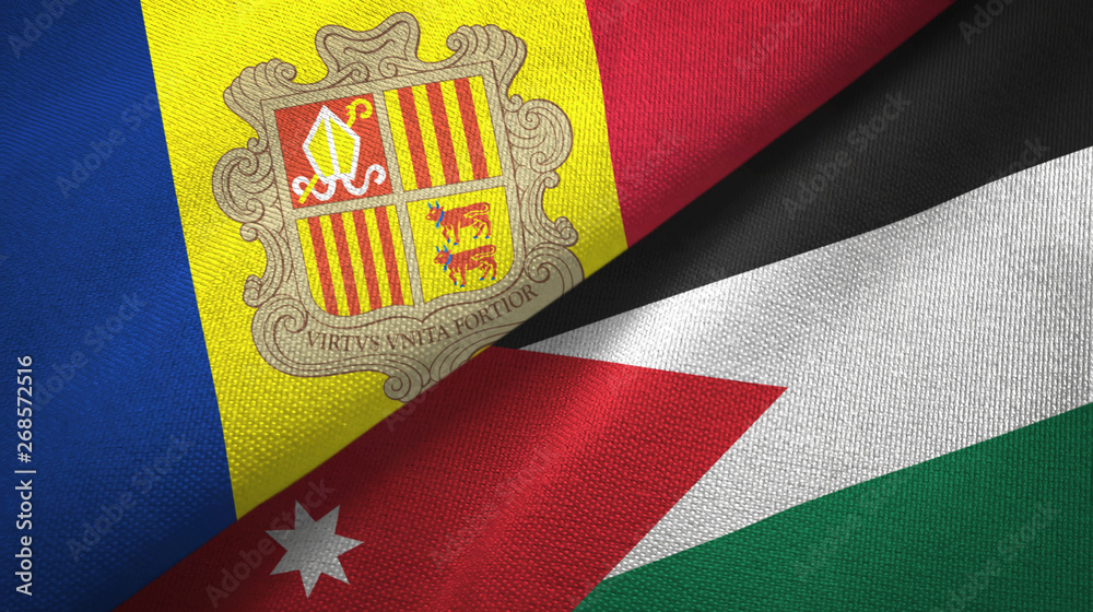 Fototapeta premium Andorra and Jordan two flags textile cloth, fabric texture
