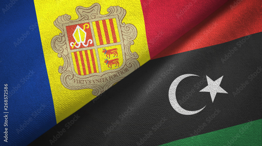Andorra and Libya two flags textile cloth, fabric texture Andorra and Libya two flags textile cloth, fabric texture