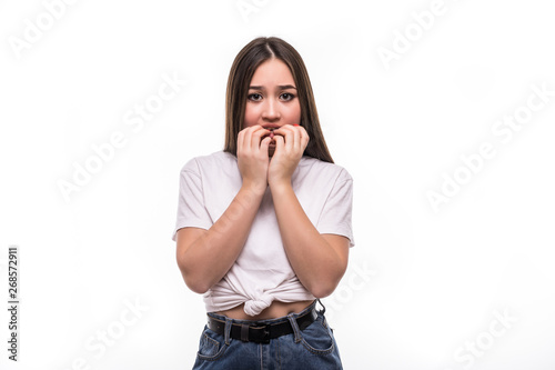 Fotografia Shocked and surprised beautiful mixed race asian woman with scare emotions isolated on white background