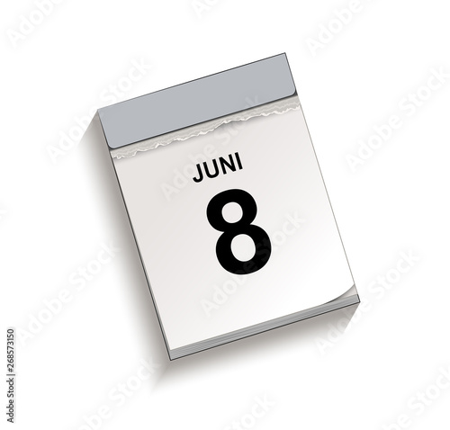 Calendar, tear-off calendar with date 8 June, Tear-off calendar, Vector illustration isolated on white background