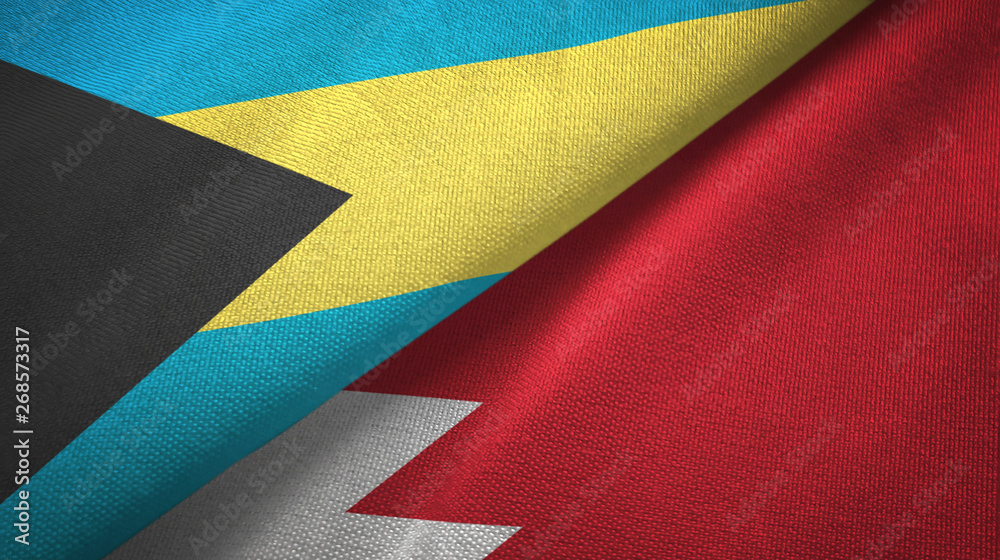 Obraz premium Bahamas and Bahrain two flags textile cloth, fabric texture 