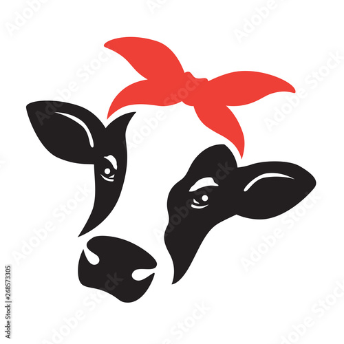 Vector illustration of a cow face and head with red bandana.