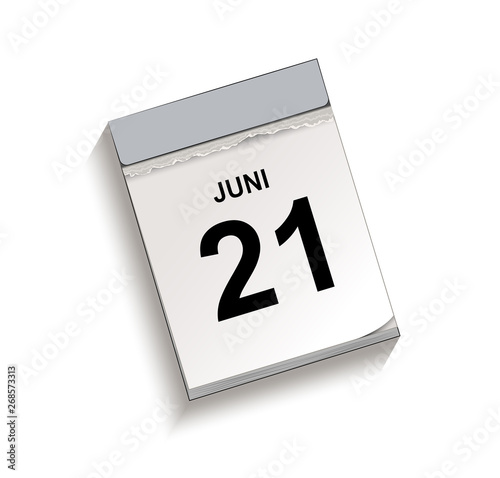 Calendar, tear-off calendar with date 21 June, Tear-off calendar, Vector illustration isolated on white background
