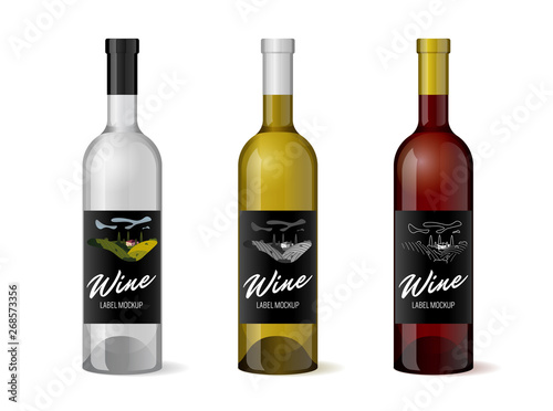 Wine realistic 3d bottle with hand-drawn label retro vintage design template set. Vineyard wine grapes hills farm emblem. Monochrome romantic rural landscape, white on black. Vector