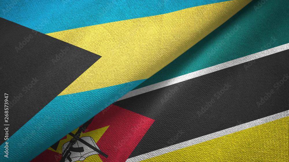 Obraz premium Bahamas and Mozambique two flags textile cloth, fabric texture