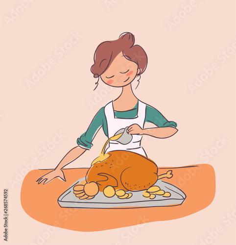 cook chicken housewife dinner vector illustration doodle