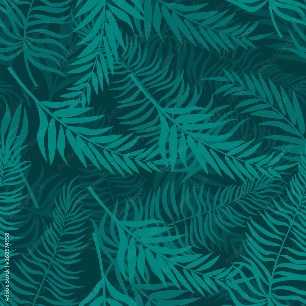 Seamless pattern made with green silhouettes of tropical leaves on dark green backgrounds Tropic folage texture.Vector flat illustration