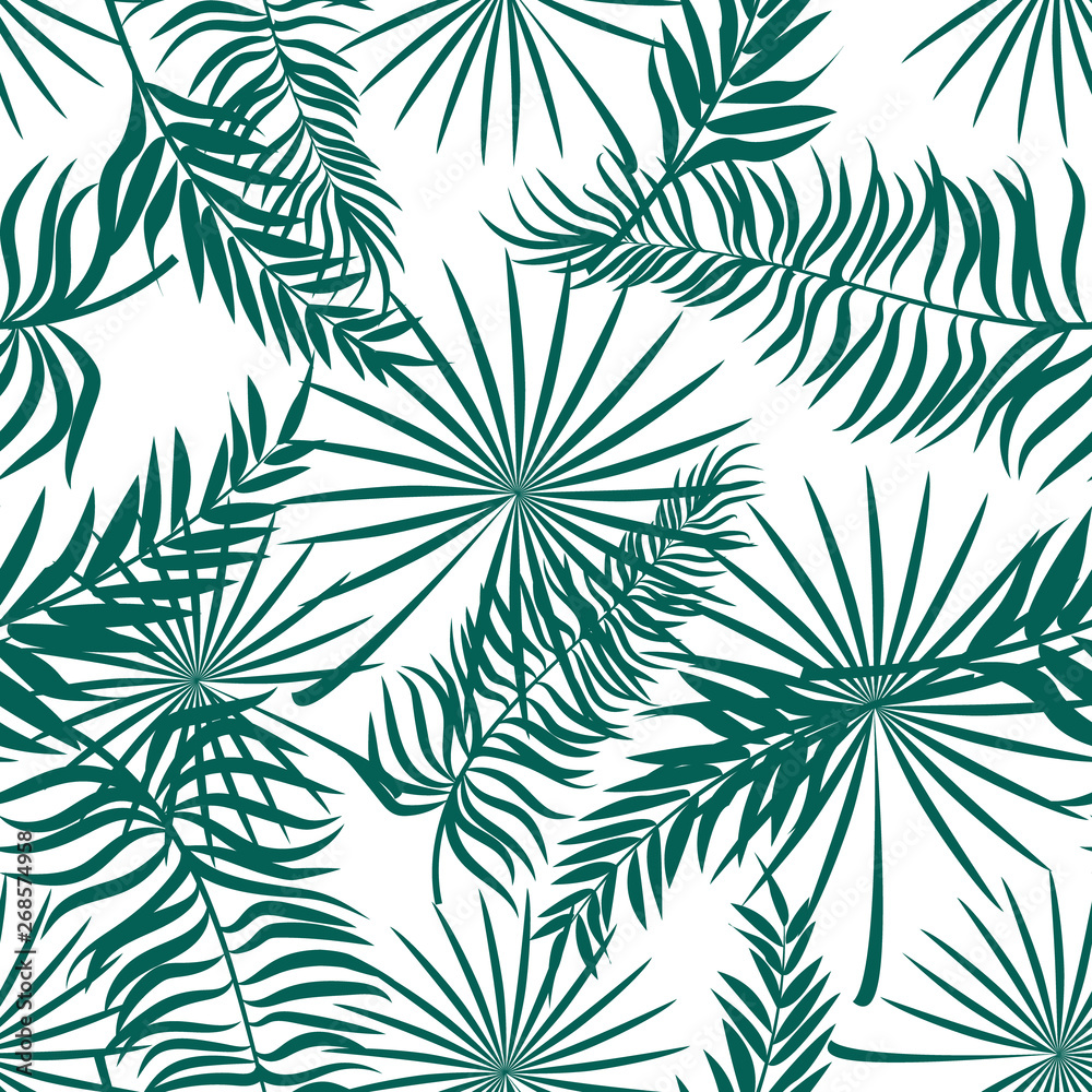 Seamless pattern made with green silhouettes of tropical leaves on white background. Tropic folage texture.Vector flat illustration