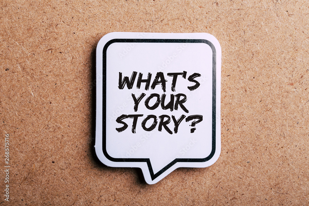 Φωτογραφία What Is Your Story Speech Bubble Isolated On Brown paper Background