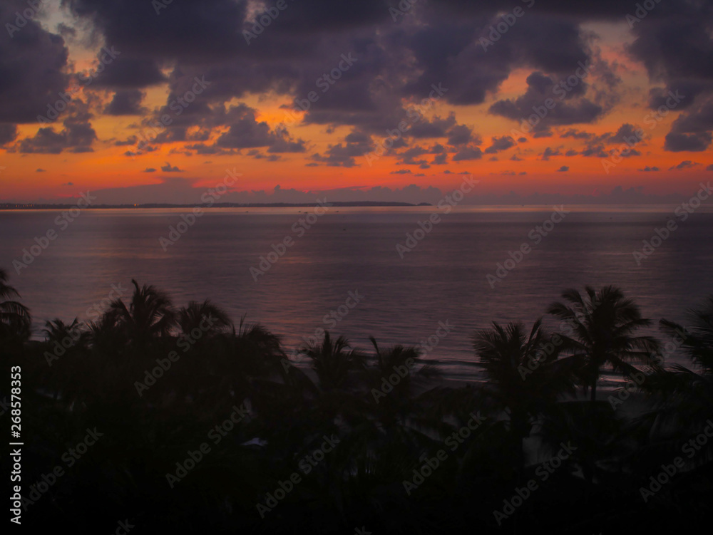 beautiful sunrise sunset with clouds and palm trees