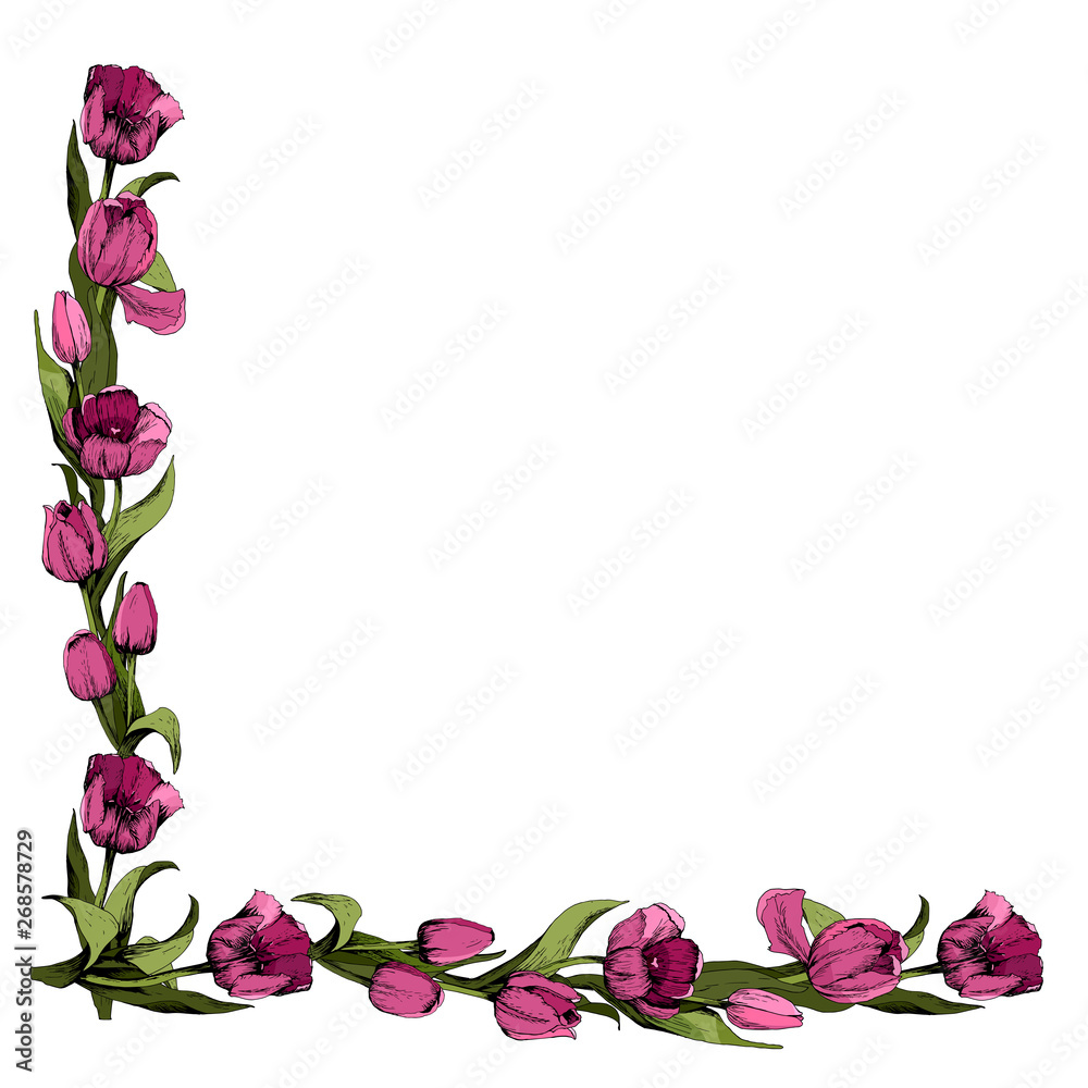Frame with colored pink tulips. Spring mood. Design of printed materials. Vector illustration