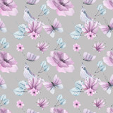 Watercolor floral seamless patterns with delicate pink, blue, lilac flowers, petals, branches, leaves, twigs, butterflies, bird for wedding invitations, greeting cards