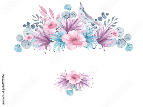 Watercolor floral frames with delicate pink, blue, lilac flowers, petals, branches, leaves, twigs, butterflies, bird for wedding invitations, greeting cards