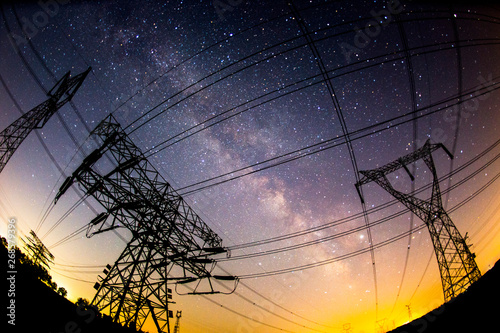The outline of the power supply facilities and stars at night