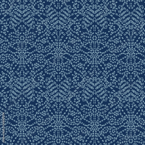 Floral Motif Sashiko StyleJapanese Needlework Seamless Vector Pattern. Hand Stitch Indigo Blue Line Texture for Textile Print, Classic Japan Decor, Asian Backdrop or Simple Kimono Quilting Template. photo