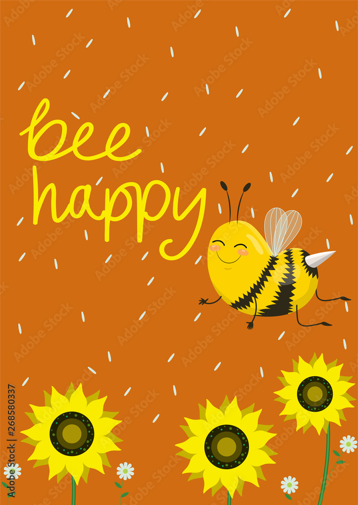 Humorous card or print on a t-shirt. Two cute bees on an orange background. Vector illustration. Caption bee happy. Humorous card or print on a t-shirt. Two cute bees on an orange background. Vector illustration. Caption bee happy.
