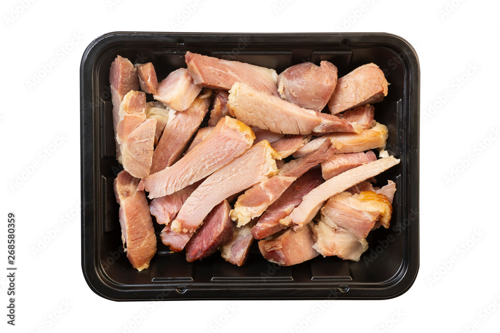 top view of baked pork in black plastic food tray isolated on white background top view of baked pork in black plastic food tray isolated on white background