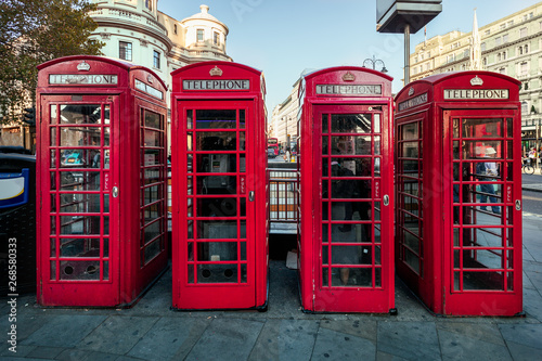 Red telephone box row in London, UK.  © fenlio