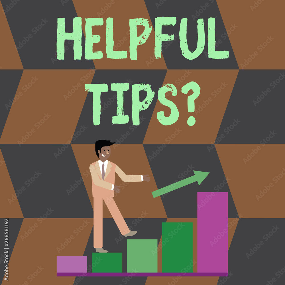 Text sign showing Helpful Tips Question. Business photo text secret information or advice given to be helpful knowledge Smiling Businessman Climbing Colorful Bar Chart Following an Arrow Going Up Text sign showing Helpful Tips Question. Business photo text secret information or advice given to be helpful knowledge Smiling Businessman Climbing Colorful Bar Chart Following an Arrow Going Up