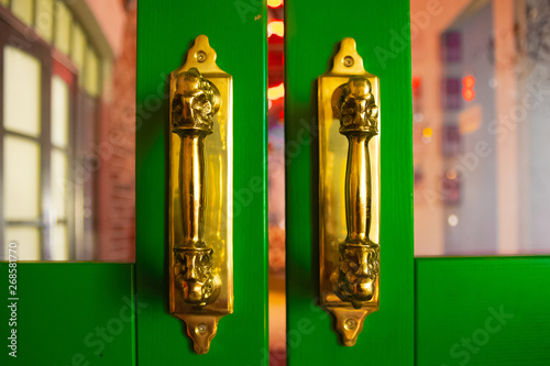 golden door handles on the green wooden door. Abstract background with space. © salomonus_