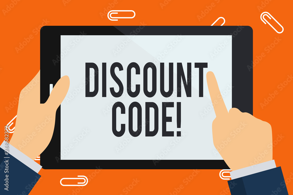 Word writing text Discount Code. Business photo showcasing Series of letters or numbers that allow you to get a discount Businessman Hand Holding, Pointing and Touching Colorful Tablet Blank Screen Word writing text Discount Code. Business photo showcasing Series of letters or numbers that allow you to get a discount Businessman Hand Holding, Pointing and Touching Colorful Tablet Blank Screen