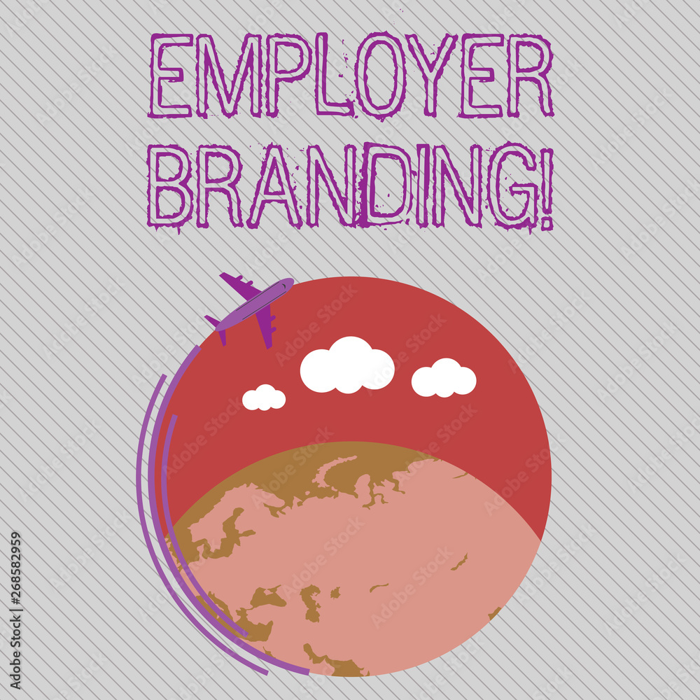 Text sign showing Employer Branding. Business photo showcasing promoting company employer choice to desired target group Airplane with Moving Icon Flying Around Colorful Globe and Blank Text Space Text sign showing Employer Branding. Business photo showcasing promoting company employer choice to desired target group Airplane with Moving Icon Flying Around Colorful Globe and Blank Text Space