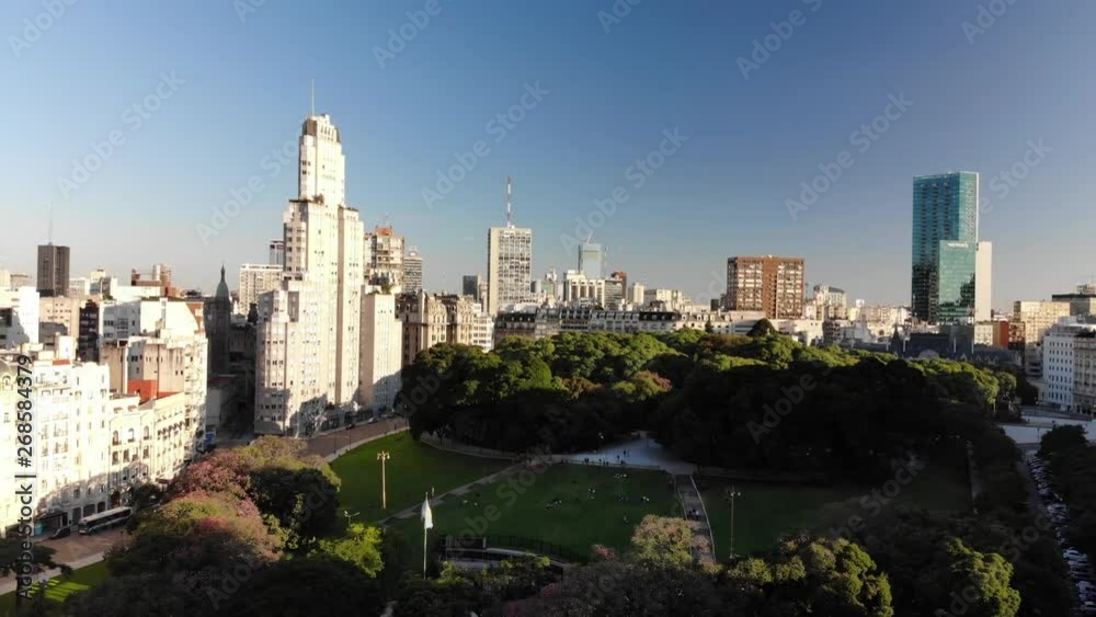 Aerial panoramic view of Plaza General San Martín in Retiro Neighborhood, Buenos Aires, Argentina. Drone flying foreward Aerial panoramic view of Plaza General San Martín in Retiro Neighborhood, Buenos Aires, Argentina. Drone flying foreward