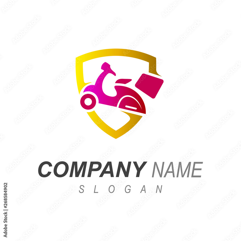 logo of goods delivery service with guaranteed security + logo shield and scooter, delivery express icon logo of goods delivery service with guaranteed security + logo shield and scooter, delivery express icon