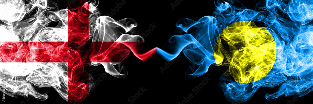 Obraz premium English vs Palau, Palaulan smoky mystic flags placed side by side. Thick colored silky smokes flag of England and Palau, Palaulan.