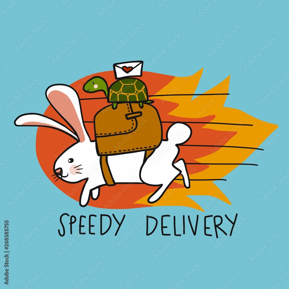 Speedy Delivery rabbit and turtle postman fast running cartoon vector  illustration Stock Vector | Adobe Stock