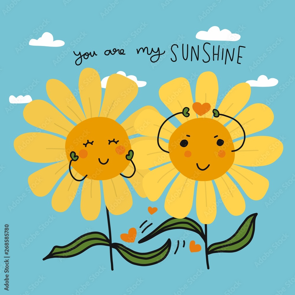 You are my sunshine couple sunflowers cartoon vector illustration doodle style