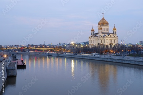 Cathedral of Christ the Saviour famous landscape view Panoramic at night with beautiful light of Moscow Russia
