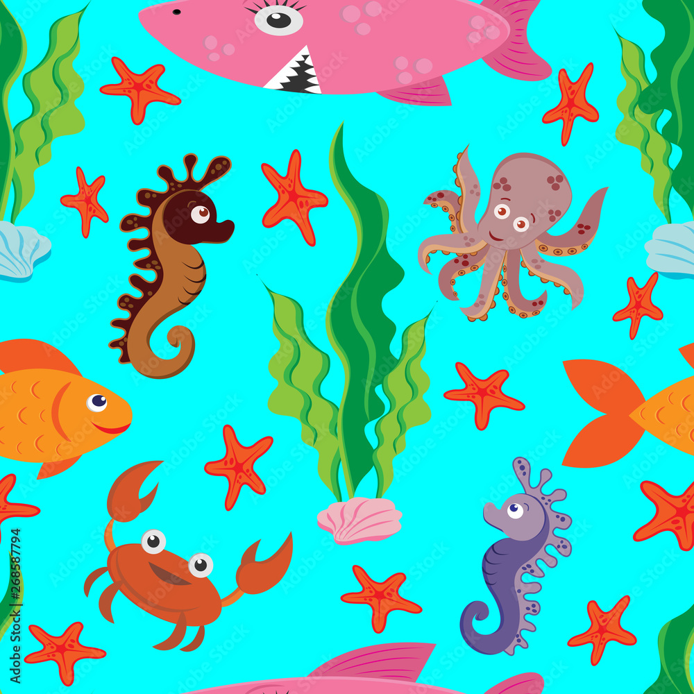 bright seamless pattern of colored figures of marine life: large pink shark, fish, crab, octopus, seahorse, green algae