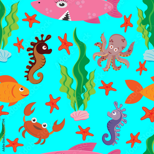 bright seamless pattern of colored figures of marine life  large pink shark  fish  crab  octopus  seahorse  green algae