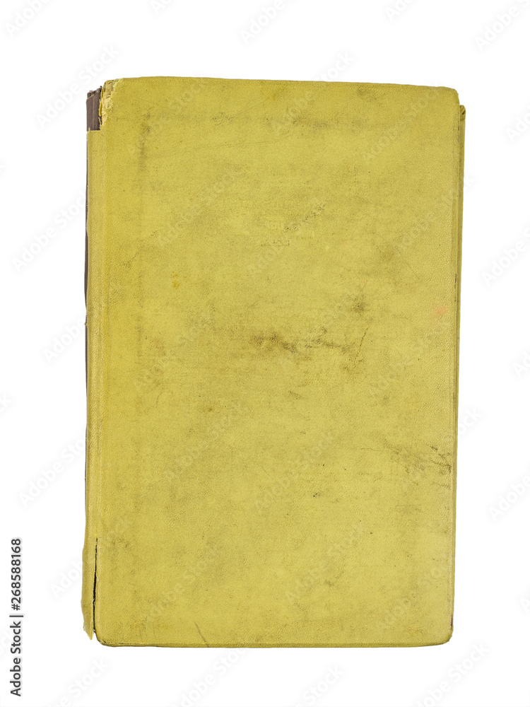 Old yellow book isolated on white background. Black and white. Flat lay.