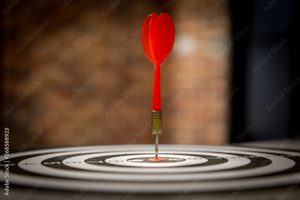 Red dart arrow hitting in the target center of dartboard on bullseye with sun light vintage style, Target marketing and business success concept - Image. Red dart arrow hitting in the target center of dartboard on bullseye with sun light vintage style, Target marketing and business success concept - Image.