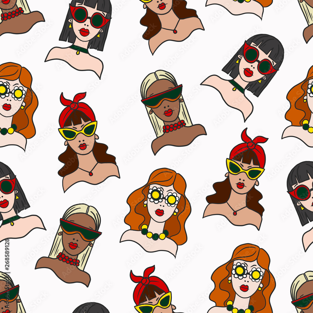 Fototapeta premium Seamless pattern with girls in sunglasses. Vector.