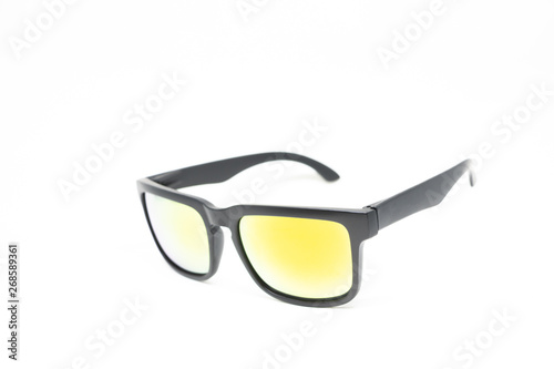 Closeup photos, sunglasses, color lenses on white