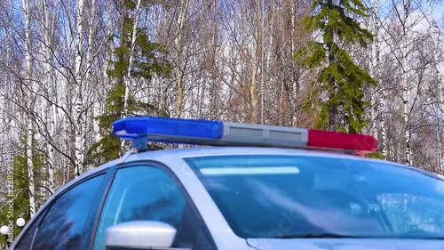 Flashing lights on a police patrol car, close-up